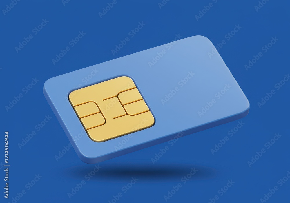 A 3D illustration of a blue SIM card with a golden chip in the center A 3D illustration of a blue SIM card with a golden chip in the center