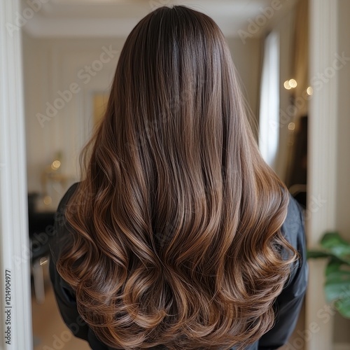 A close-up view of long, wavy hair styled beautifully, showcasing glossy, healthy strands in a cozy indoor setting.