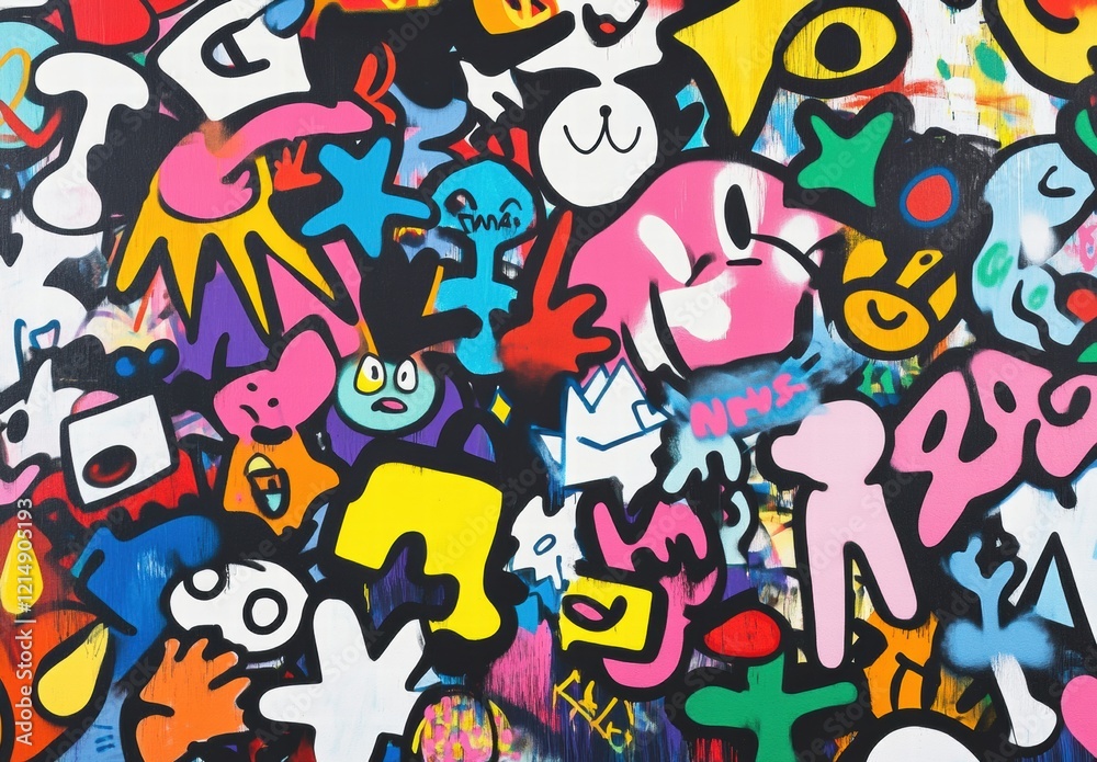A colorful collage of graffiti and drawings with a variety of shapes and sizes A colorful collage of graffiti and drawings with a variety of shapes and sizes