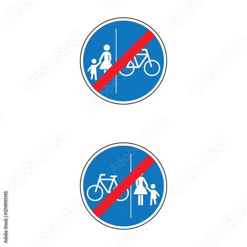 Two blue and red european segregated path end road signs, indicating the separation of pedestrian and bicycle lanes