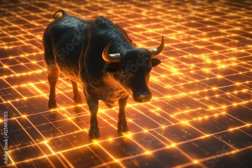 Bullish Symbolism, Black Bull on Glowing Candlestick Chart Grid, Representing Strong Market Trends and Financial Growth photo