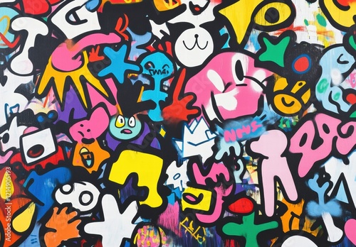 A colorful collage of graffiti and drawings with a variety of shapes and sizes