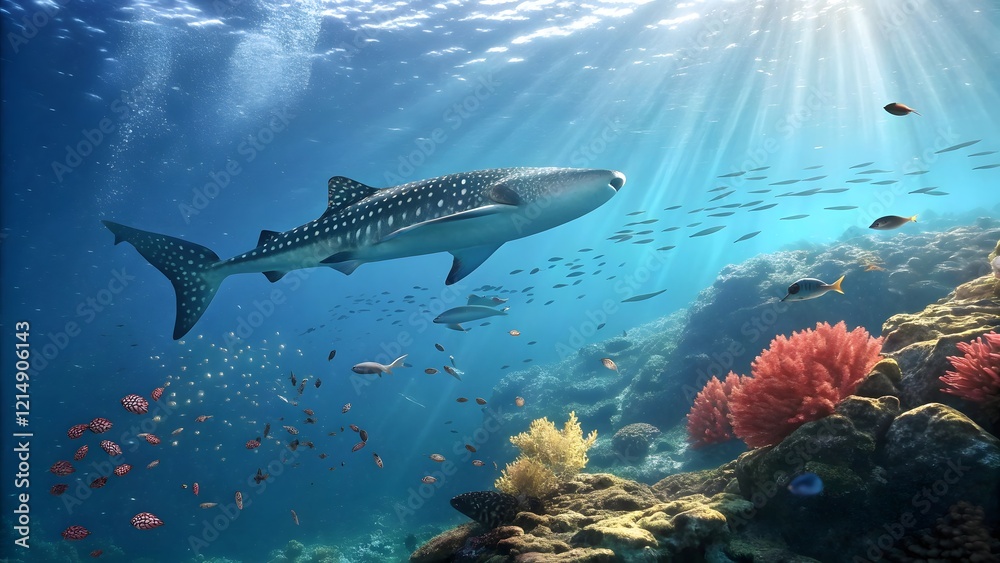Fototapeta premium Whale Shark Underwater Scene Coral Reef Ocean Wildlife Marine Life