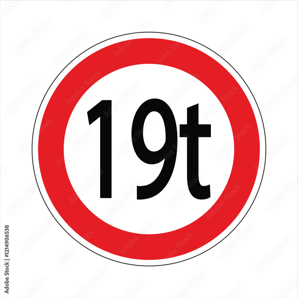 Regulatory road sign indicating a weight limit of 19 tons for vehicles Regulatory road sign indicating a weight limit of 19 tons for vehicles