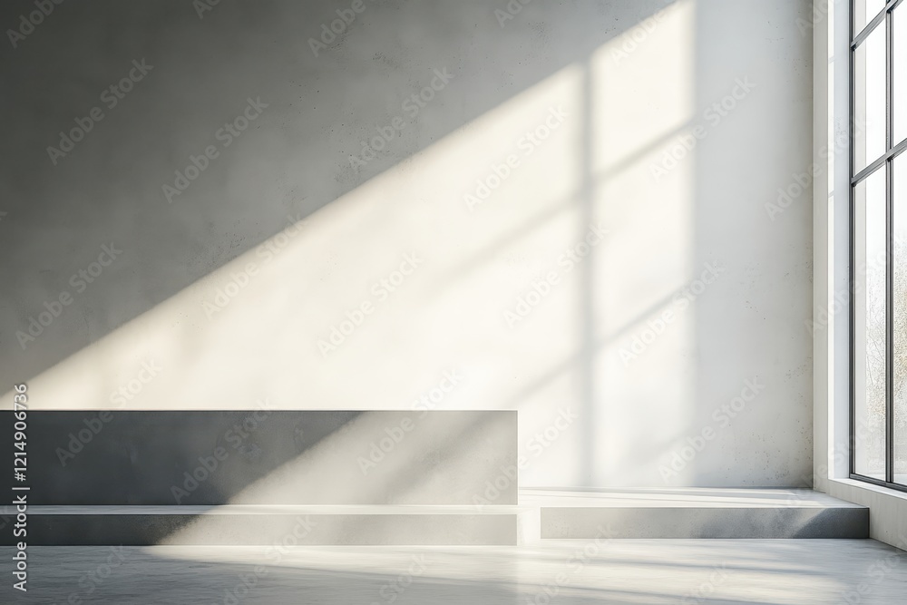 Minimalist studio platform, sunlight, wall, floor, display Minimalist studio platform, sunlight, wall, floor, display