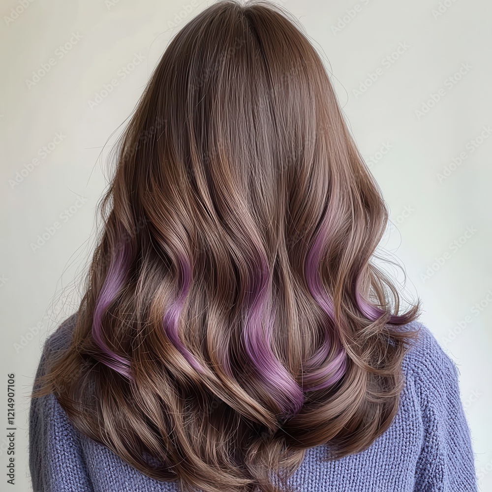 Fototapeta premium A stylish view of long, wavy hair featuring brown tones with vibrant purple highlights, showcasing a trendy and modern look.