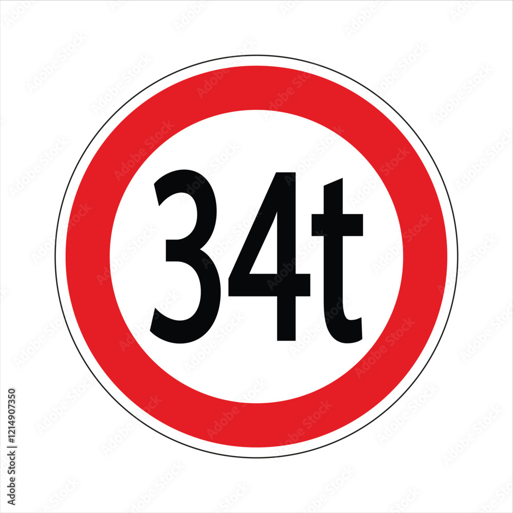 Regulatory road sign indicating a weight restriction, prohibiting vehicles exceeding 34 tons Regulatory road sign indicating a weight restriction, prohibiting vehicles exceeding 34 tons
