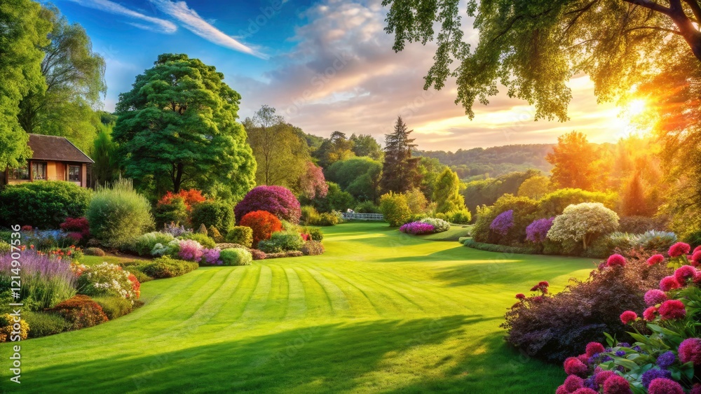 Naklejka premium Wide-angle view of a lush, expansive lawn bathed in summer sunlight; nature's vibrant canvas.