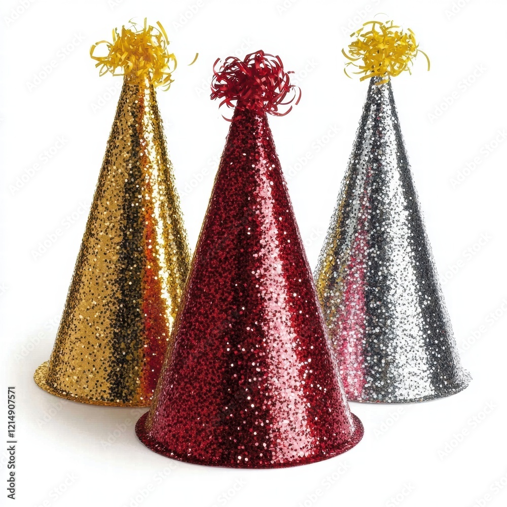 Three party hats with glitter on them Three party hats with glitter on them