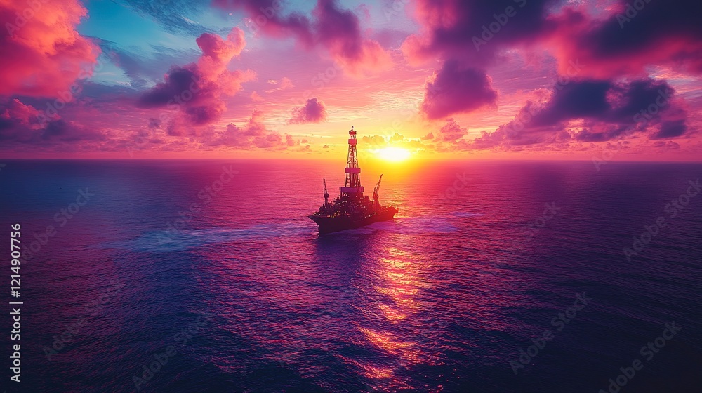 Offshore Oil Rig at Sunset Over Calm Ocean Waters Offshore Oil Rig at Sunset Over Calm Ocean Waters