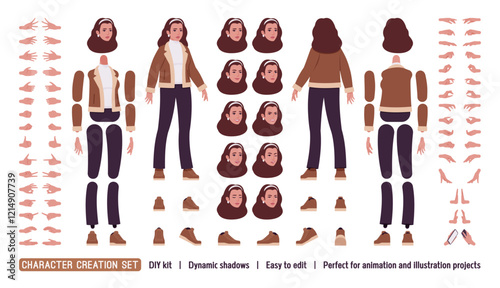 Woman wearing shearling coat jacket DIY character creation set. Winter, autumn lady, bundle, female model body figure parts. Head, leg, hand gestures, emotions, construction kit. Vector illustration