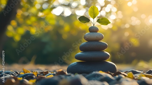 Stacked stones with budding plant on top, surrounded by sunlight and autumn leaves. Symbol of balance, growth and harmony with nature. Mindful living and inner peace