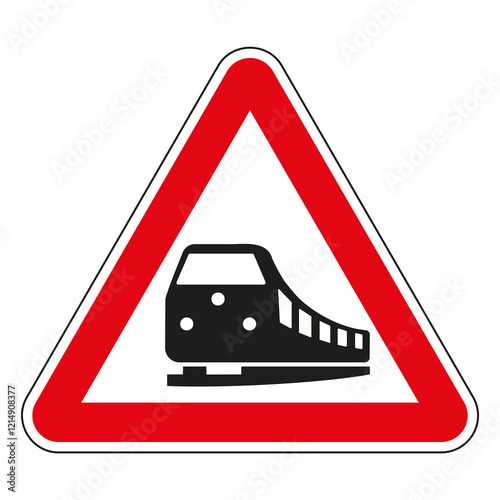 Unguarded railroad crossing traffic sign indicating approaching train, warning drivers and pedestrians to be careful