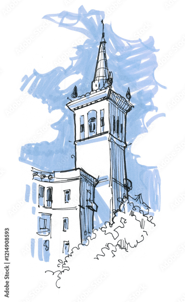 Obraz premium Painted landscape with a building in the foreground. Freehand drawing sketch