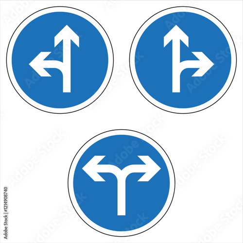 Three blue and white mandatory direction signs isolated on white background, indicating direction straight or left