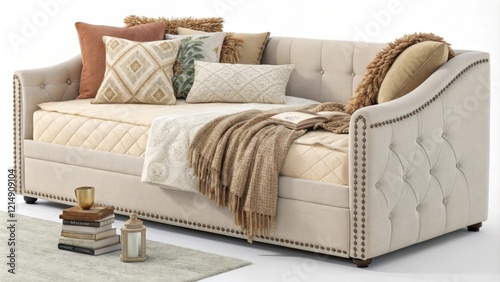 A graceful daybed enveloped in a co of cozy textures beckons with its assortment of oversized blankets and ingenious pillow arrangements perfect for curling up with a good book. photo