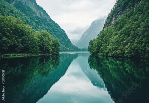 A beautiful lake surrounded by trees and mountains photo