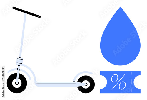 Electric scooter facing left accompanied by a blue water droplet shape and a discount coupon with a percentage symbol. Ideal for eco-friendly transportation, sustainable mobility, urban commuting
