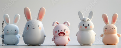 3d rendering of five adorable cartoon rabbits displaying various emotions against a white backdrop