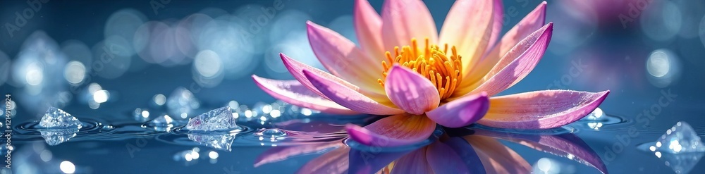 Obraz premium A beautiful pink lotus flower floating gracefully on calm blue water.