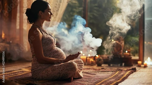 Pregnant woman meditating in a serene setting with candles, incense smoke, and natural light, creating a peaceful and spiritual atmosphere