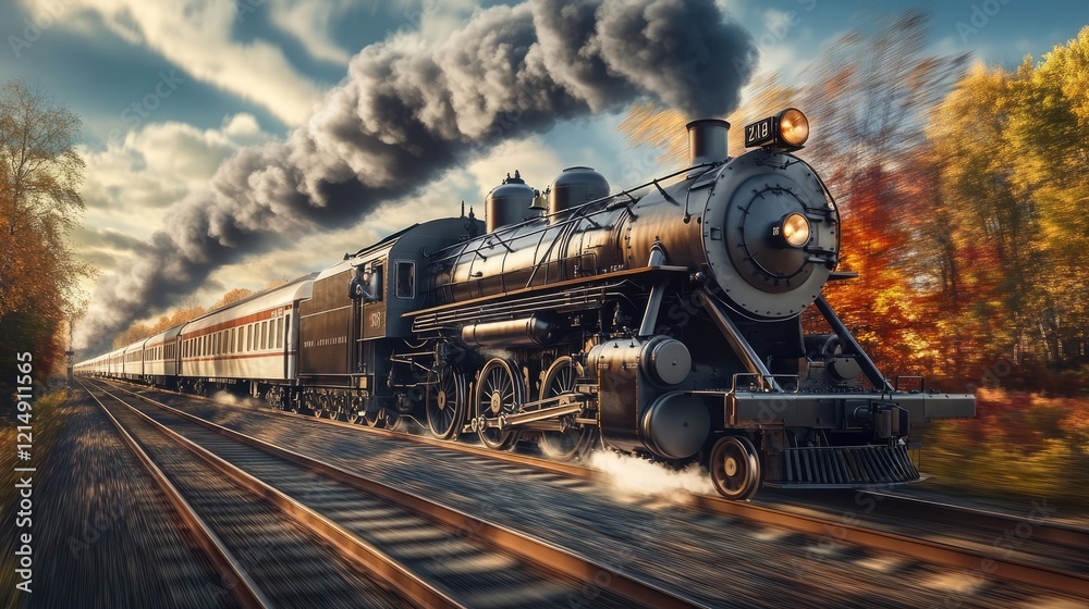 Naklejka premium Two Vintage Steam Locomotives Speed Through Autumn Forest