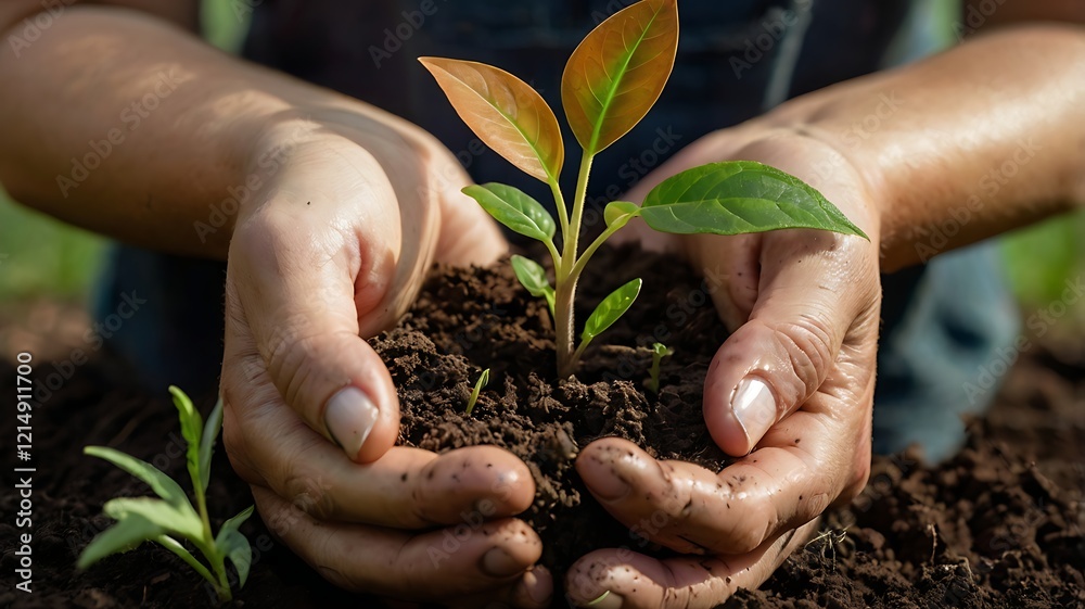 Fototapeta premium Hands holding a young plant in soil symbolizing growth and the start of life