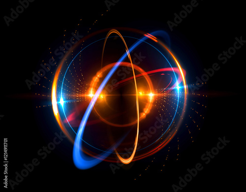 Physical graphic concept of atomic structure. Light ring. Colorful electron particle. .Speed of light. Particle acceleration. Energy particle physics..Energy ball. Science technology. Bright sphere.