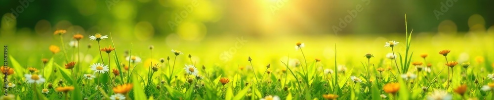 Fototapeta premium Sun-drenched meadow, vibrant green grass, wildflowers, pretty, fresh, summer