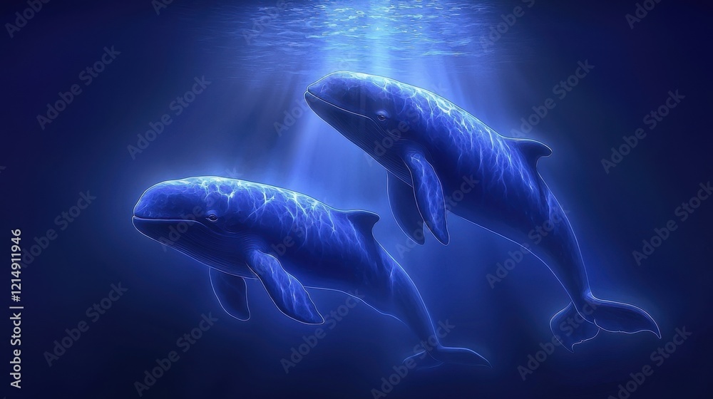 Fototapeta premium Serene ocean with whales gliding gracefully