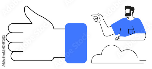 Large thumbs up hand, pointing man with beard, cloud. Ideal for approval, agreement, support, encouragement, social media engagement communication positivity. Minimalist design abstract line flat