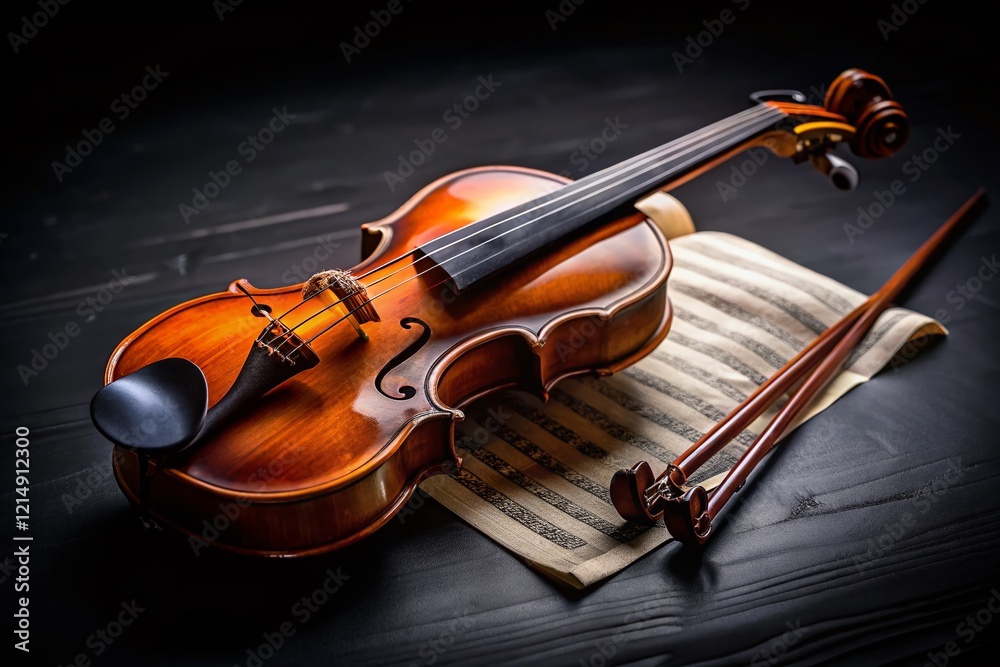 Fototapeta premium Elevated Violin, Bow, Sheet Music on Black Background - Candid Stock Photo