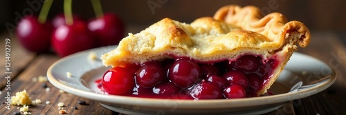 Delicious cherry pie slice on a wooden table, showcasing vibrant cherries and flaky crust.