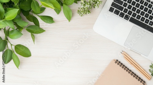 Eco-Friendly Office Supplies Flat Lay, Bamboo Pens, Recycled Notebooks, Laptop, Light Wood Table, Fresh Greenery Nearby