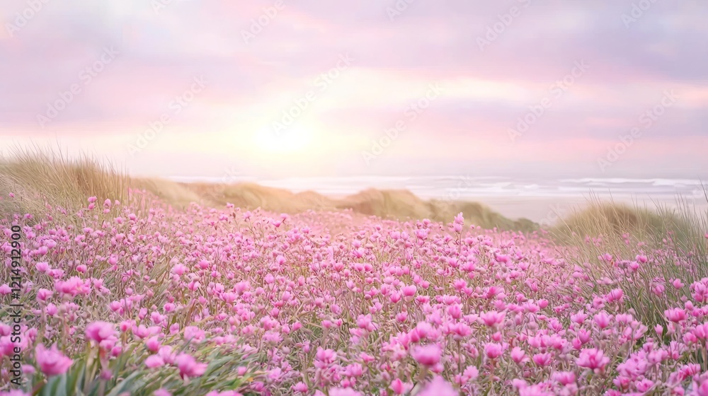 Serene Coastal Landscape: Pink-Flushed Flowers in Breezy Field with Dunes, Cinematic View of Pale Sky - Ultra-Detailed Nature Scene Serene Coastal Landscape: Pink-Flushed Flowers in Breezy Field with Dunes, Cinematic View of Pale Sky - Ultra-Detailed Nature Scene