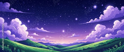 Clear starry night sky over rolling green hills with soft purple clouds at horizon gentle twilight gradient illustration background design