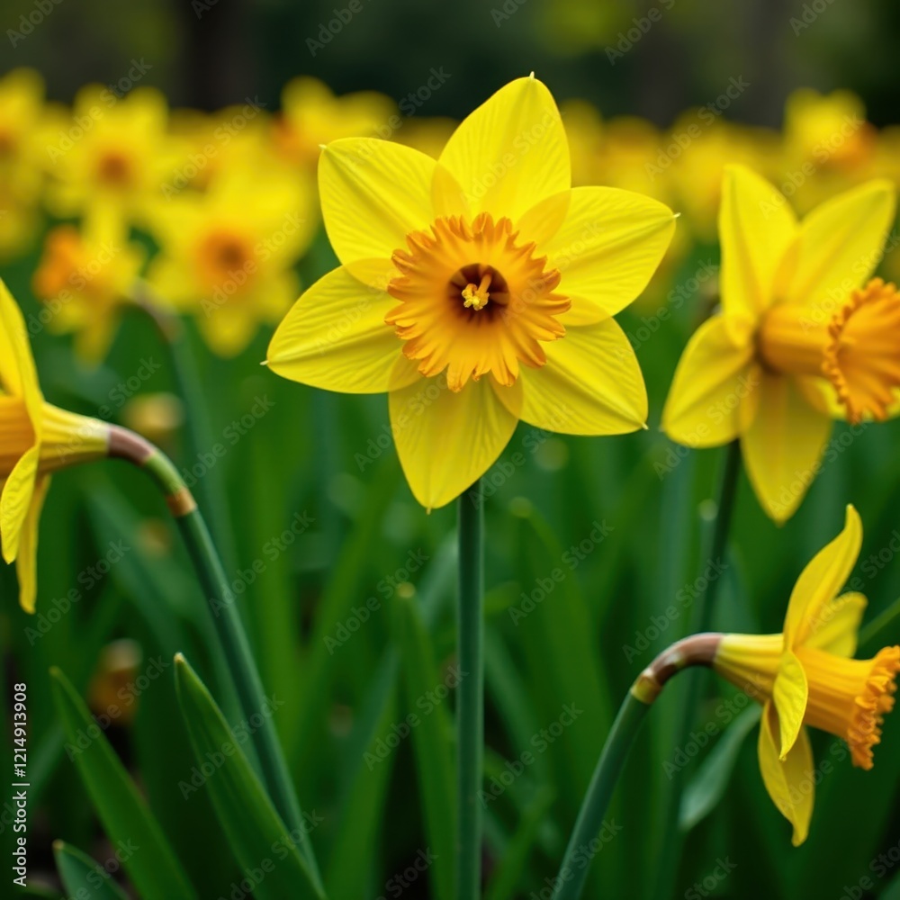 Dense daffodil patch, vibrant yellow against green, spring, daffodils