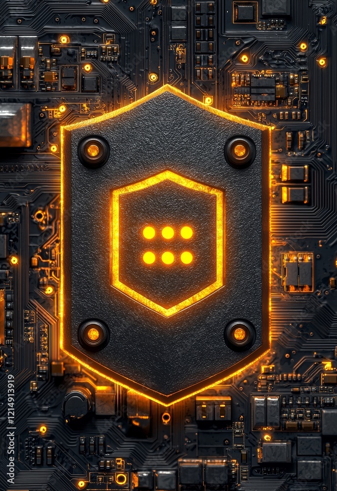 Fototapeta premium Modern Circuit Board with Shield Emblem and Glowing Orange Elements