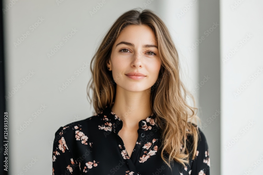 Young woman with long hair wearing a floral blouse posing indoors in a bright and modern setting Young woman with long hair wearing a floral blouse posing indoors in a bright and modern setting