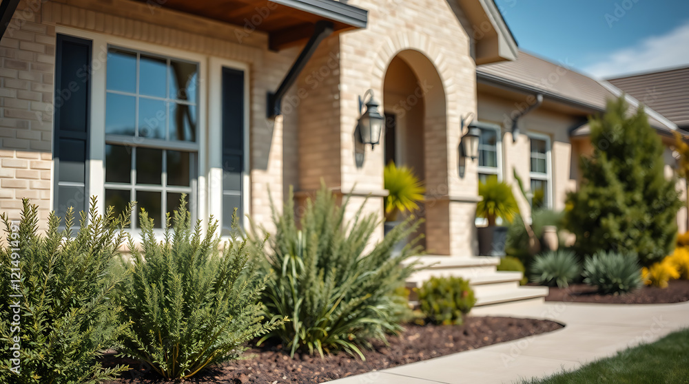 Luxury Home Exterior with Landscaped Garden and Walkway Luxury Home Exterior with Landscaped Garden and Walkway