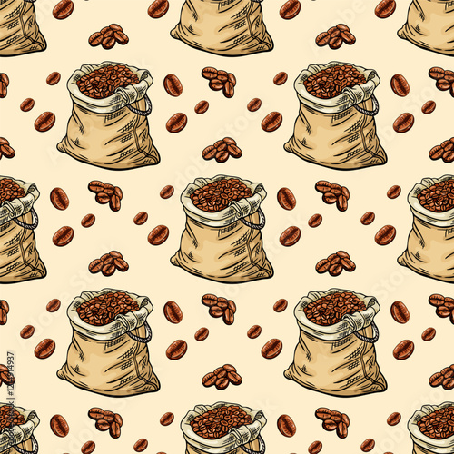 Engraving, bag of coffee beans, vector illustration in color and line sketch of seamless pattern