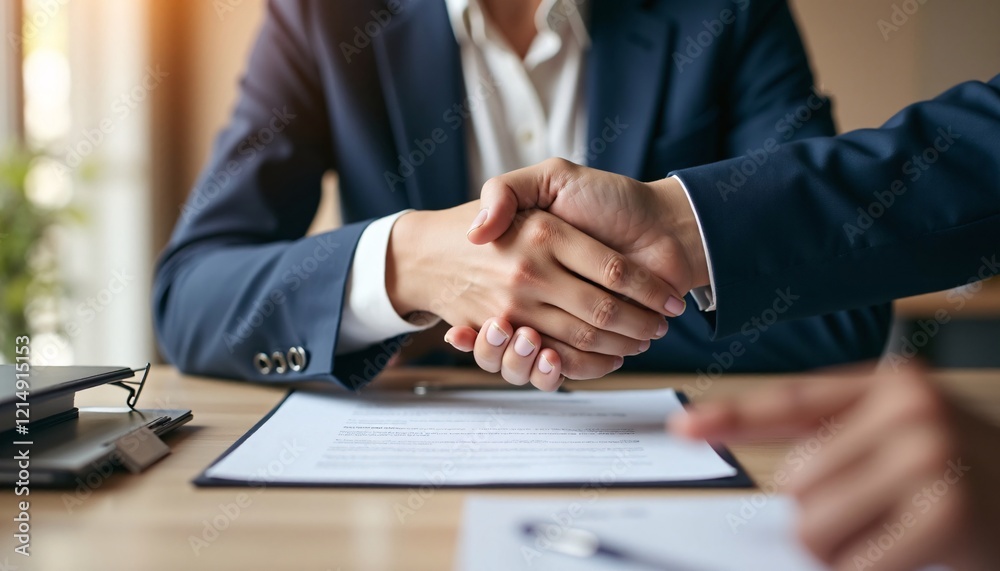 Close-Up of Business Handshake Over Signed Contract on Wooden Desk Close-Up of Business Handshake Over Signed Contract on Wooden Desk