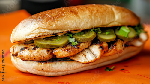 A close-up of a chicken sandwich featuring juicy chicken, fresh pickles, and a dollop of creamy sauce, resting on a vibrant orange surface with bold graphics in the background photo