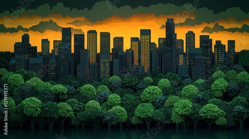 Lush Green Park Surrounded by Modern Cityscape at Sunset with Glowing Windows photo