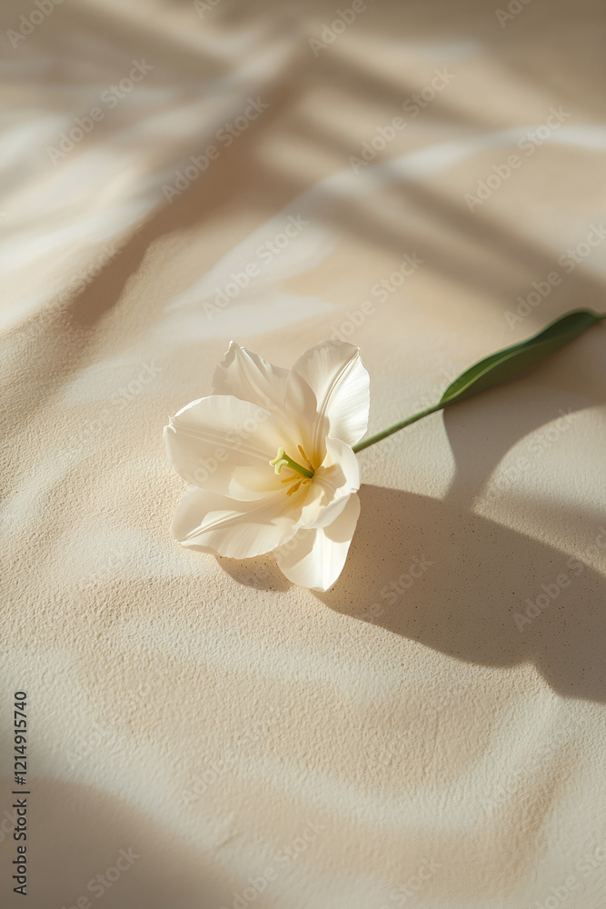 Single white tulip on a beige textured background, bathed in soft sunlight. A minimalist floral scene. Single white tulip on a beige textured background, bathed in soft sunlight. A minimalist floral scene.
