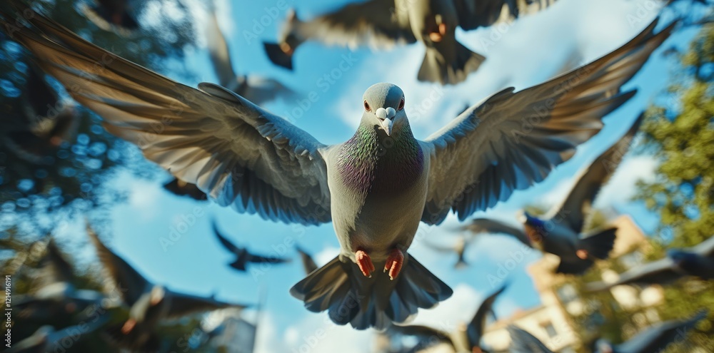 Obraz premium Flock of Pigeons Soaring in a Sunny Blue Sky