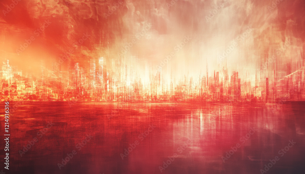 Fototapeta premium Abstract red and orange cityscape with a blurred effect, featuring tall skyscrapers.