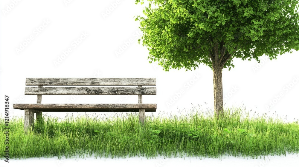 A rustic wooden bench surrounded by natural elements like grass and trees, placed against a clean white background. A rustic wooden bench surrounded by natural elements like grass and trees, placed against a clean white background.