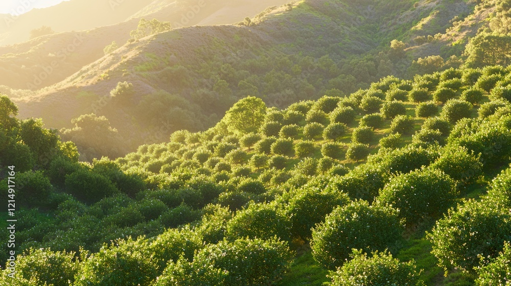 Fototapeta premium Morning Serenity: Lavender-Hued Orchard on Hillside Bathed in Soft Sunlight - Ultra-Detailed Cinematic Image