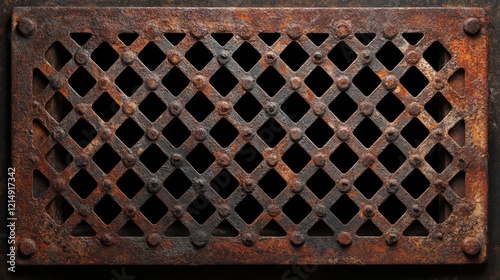 Rustic metal grate with chequered design and weathered patina texture photo